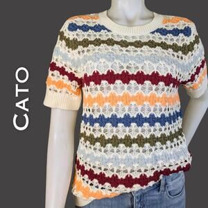 Cato Crochet Sweater Medium Multicolor Boho Stripe Cotton Open Knit Short Sleeve